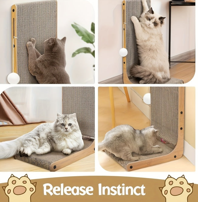 Large Cat Scratching Board – 23.6" L-Shaped Wall Mounted Scratch Pad with Ball Toy, Recyclable Corrugated Cardboard, for Indoor Cats