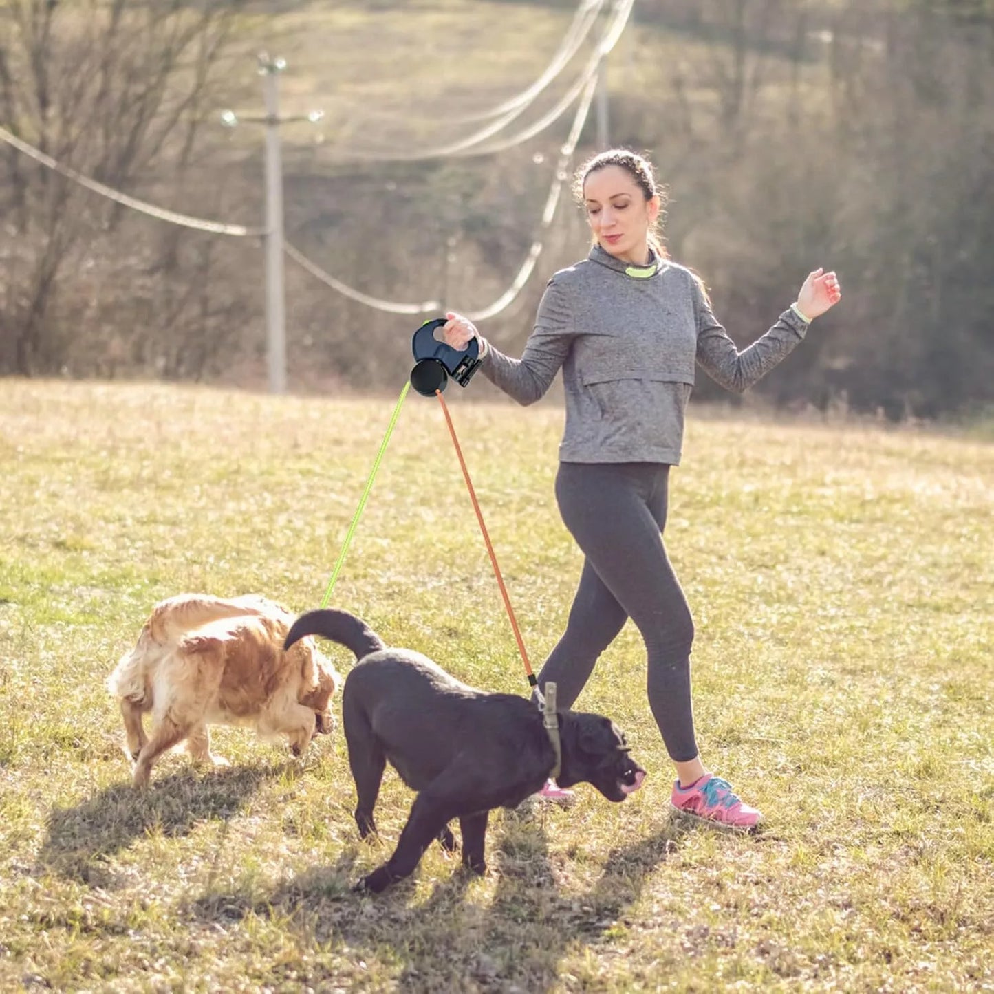 Dual Retractable Dog Leash for 2 Dogs – 360° Swivel, LED Light, Waste Bag Holder, Reflective, Tangle-Free