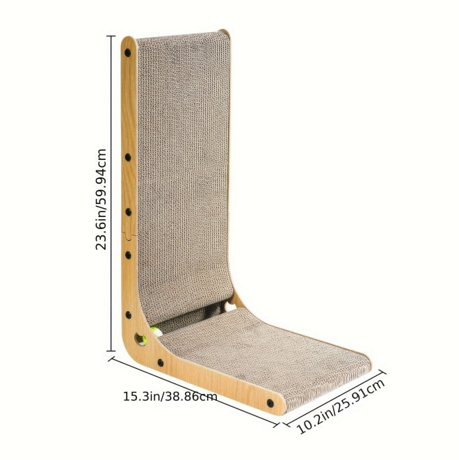 Large Cat Scratching Board – 23.6" L-Shaped Wall Mounted Scratch Pad with Ball Toy, Recyclable Corrugated Cardboard, for Indoor Cats
