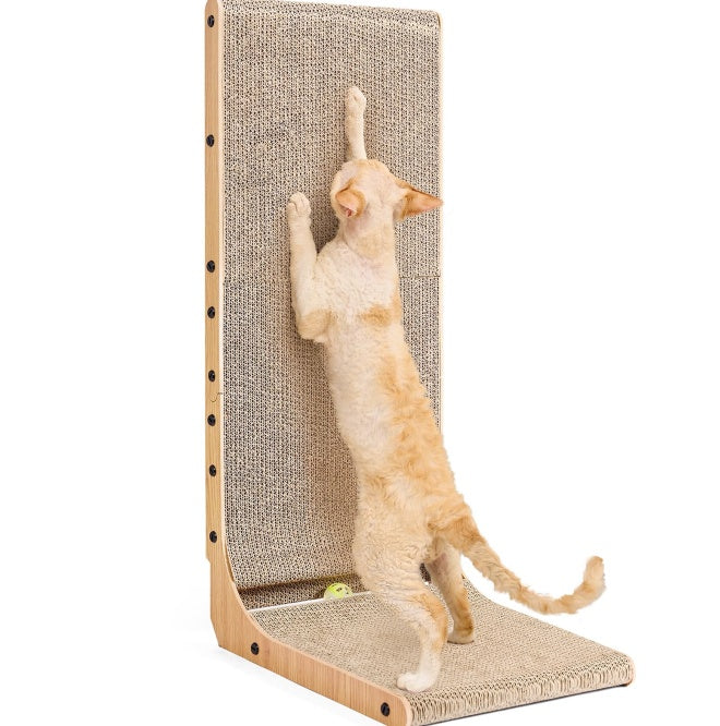 Large Cat Scratching Board – 23.6" L-Shaped Wall Mounted Scratch Pad with Ball Toy, Recyclable Corrugated Cardboard, for Indoor Cats
