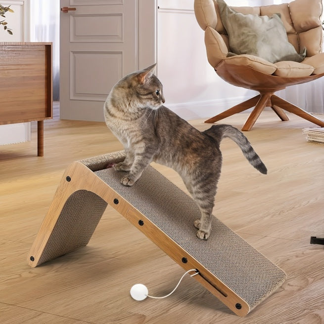 Large Cat Scratching Board – 23.6" L-Shaped Wall Mounted Scratch Pad with Ball Toy, Recyclable Corrugated Cardboard, for Indoor Cats