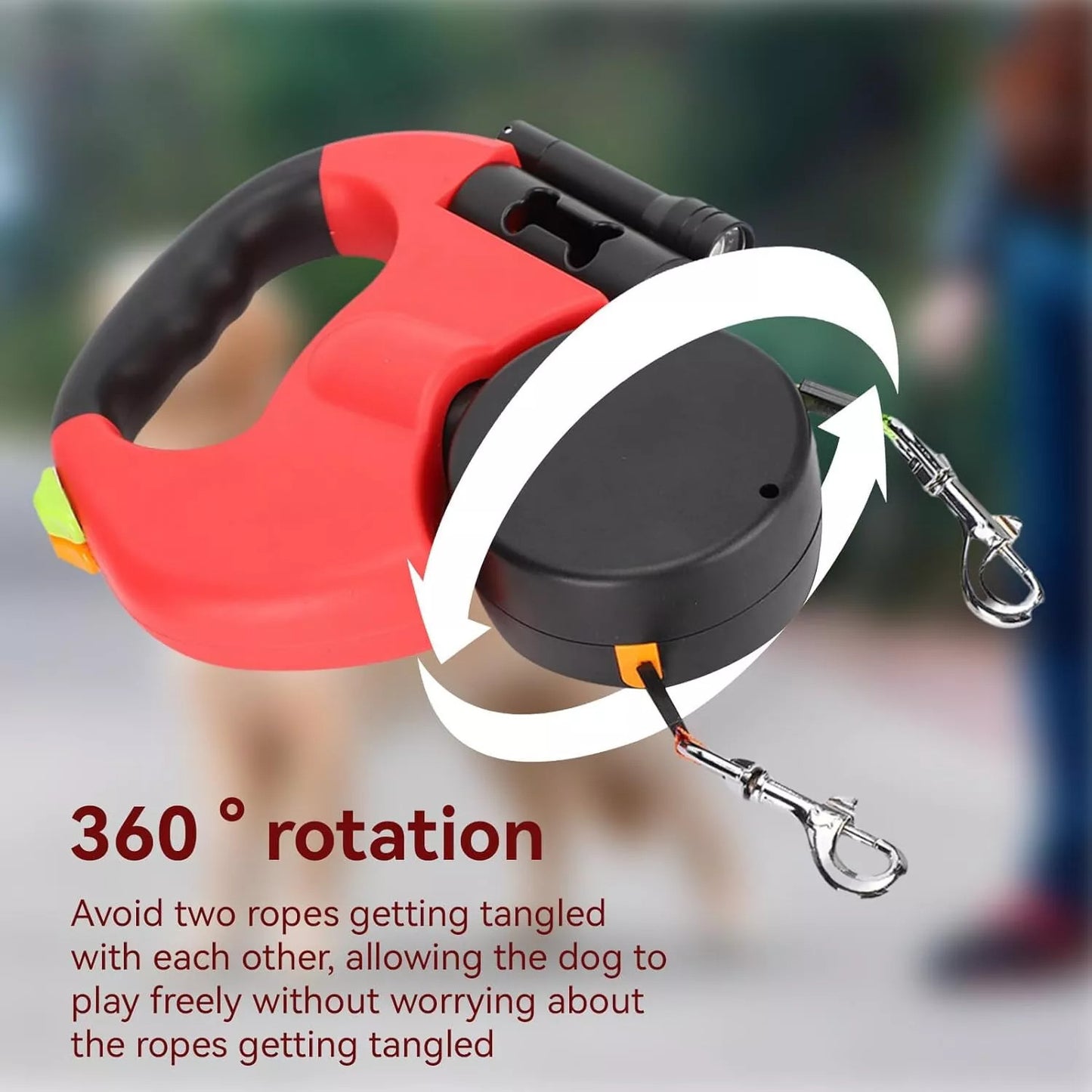 Dual Retractable Dog Leash for 2 Dogs – 360° Swivel, LED Light, Waste Bag Holder, Reflective, Tangle-Free