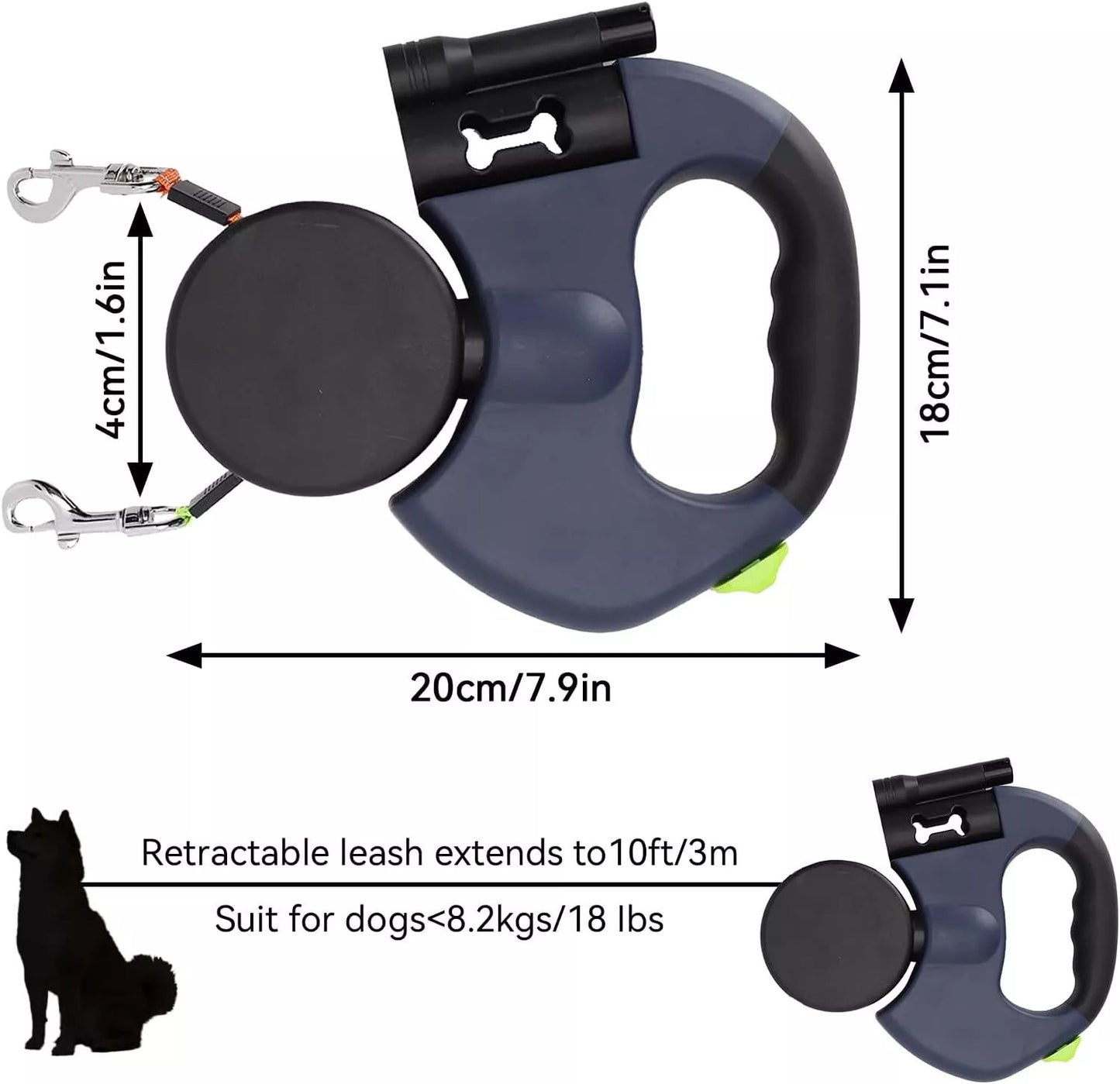 Dual Retractable Dog Leash for 2 Dogs – 360° Swivel, LED Light, Waste Bag Holder, Reflective, Tangle-Free