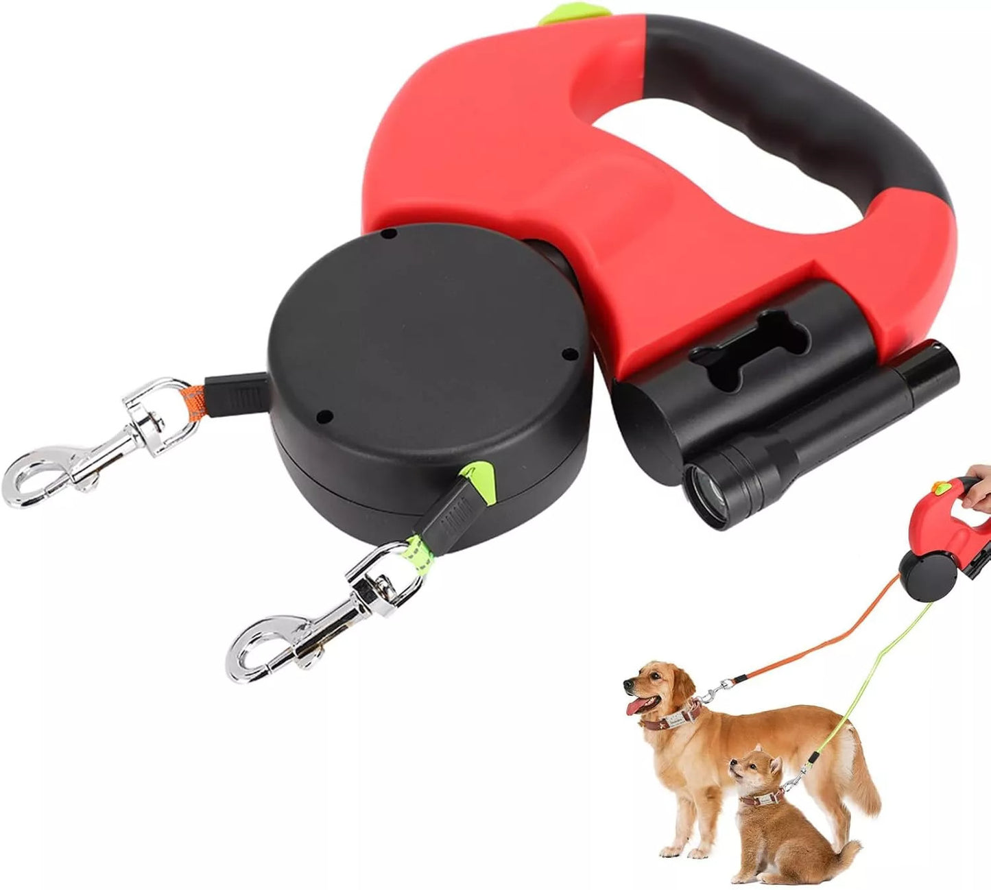 Dual Retractable Dog Leash for 2 Dogs – 360° Swivel, LED Light, Waste Bag Holder, Reflective, Tangle-Free