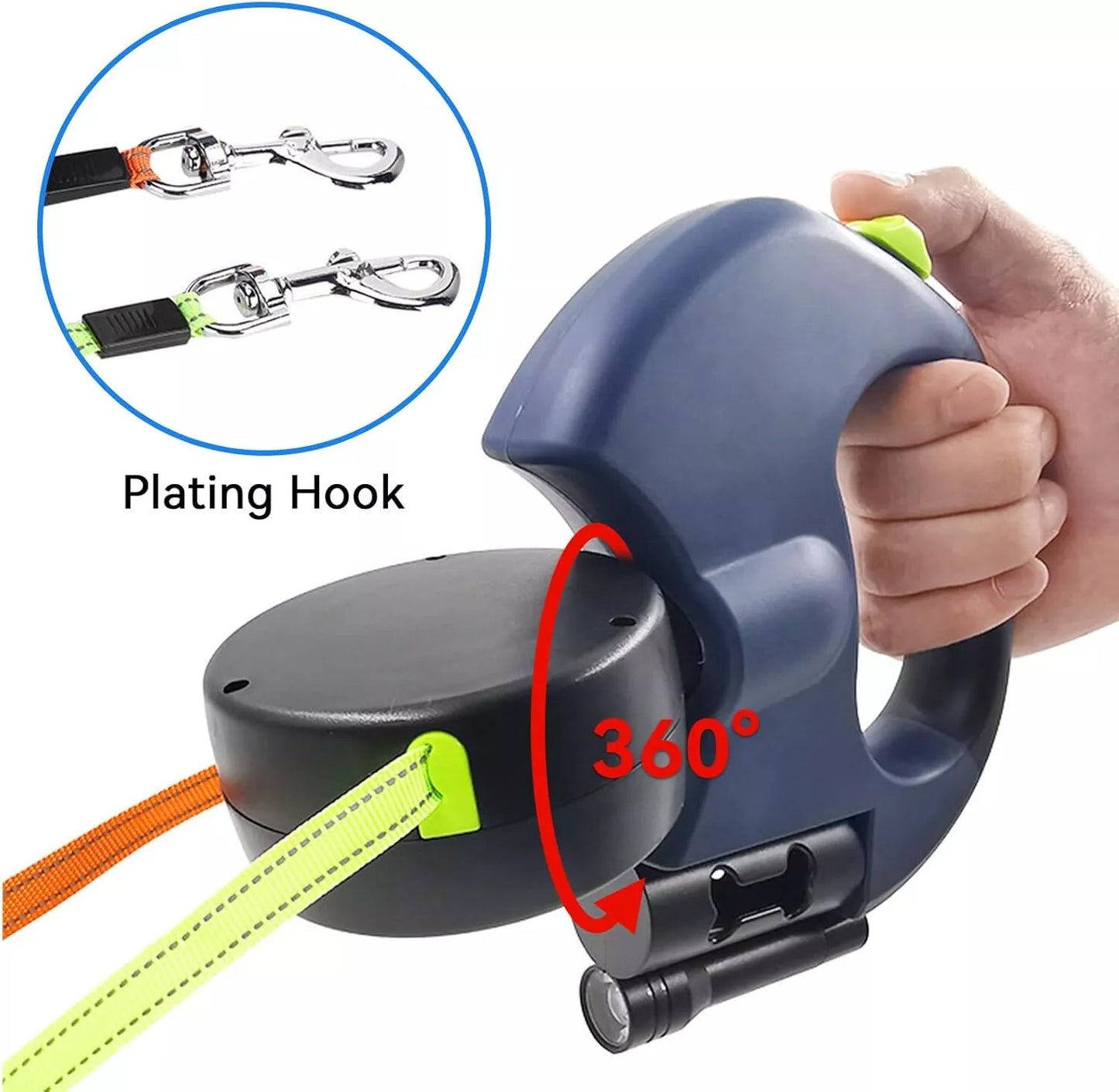 Dual Retractable Dog Leash for 2 Dogs – 360° Swivel, LED Light, Waste Bag Holder, Reflective, Tangle-Free