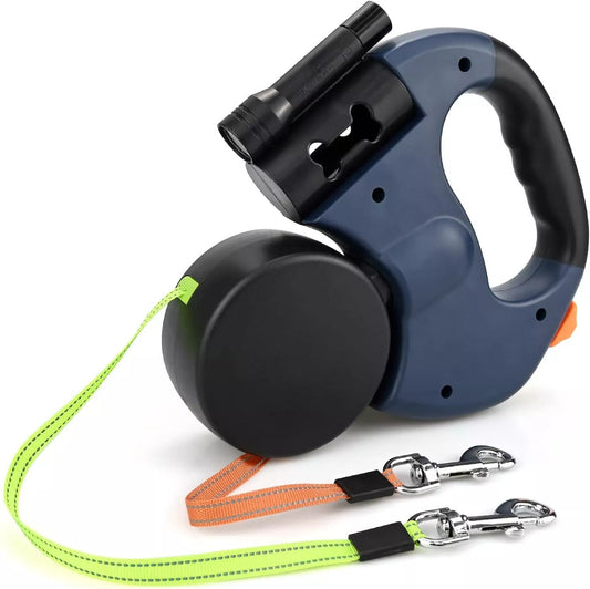 Dual Retractable Dog Leash for 2 Dogs – 360° Swivel, LED Light, Waste Bag Holder, Reflective, Tangle-Free