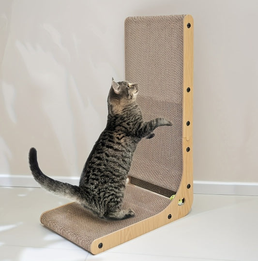 Large Cat Scratching Board – 23.6" L-Shaped Wall Mounted Scratch Pad with Ball Toy, Recyclable Corrugated Cardboard, for Indoor Cats