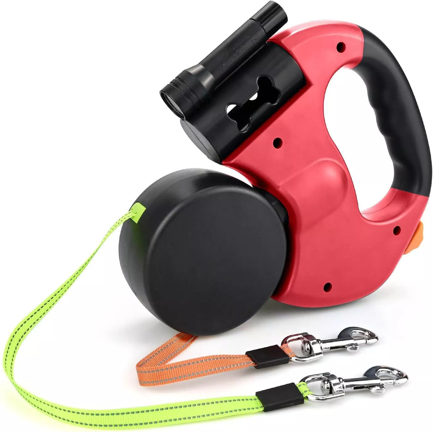 Dual Retractable Dog Leash for 2 Dogs – 360° Swivel, LED Light, Waste Bag Holder, Reflective, Tangle-Free