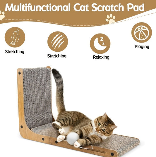 Large Cat Scratching Board – 23.6" L-Shaped Wall Mounted Scratch Pad with Ball Toy, Recyclable Corrugated Cardboard, for Indoor Cats
